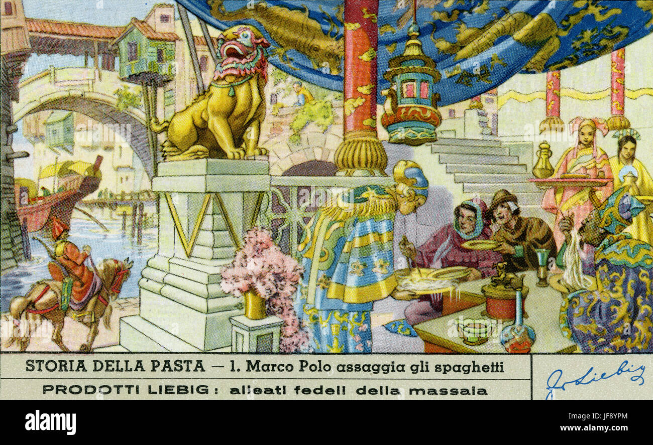 Marco Polo sabores espaguetis en China (la leyenda que Marco Polo las pastas importadas de Italia desde el este). La historia de la pasta. Tarjeta de coleccionistas de Liebig, 1951 Foto de stock
