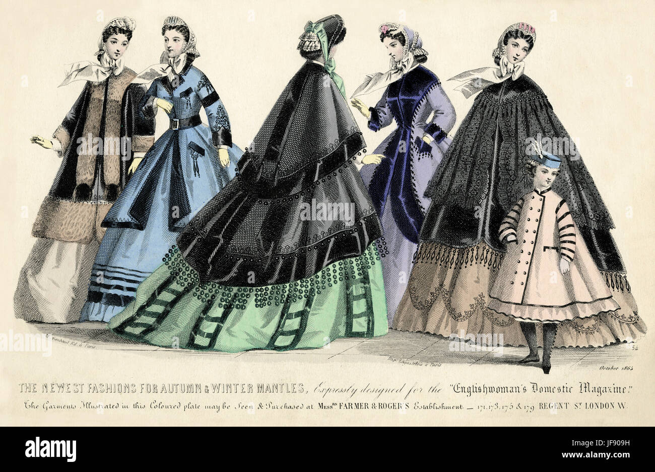 La última moda para otoño e invierno mantos. Expresamente diseñada para la mujer  inglesa de la revista interna, octubre de 1863. La ropa puede verse  ilustrado en los Sres. Agricultores y Rogers