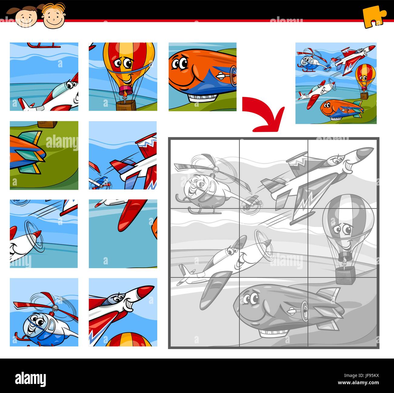 Juego de puzzle rompecabezas de aviones de dibujos animados Imagen Vector  de stock - Alamy