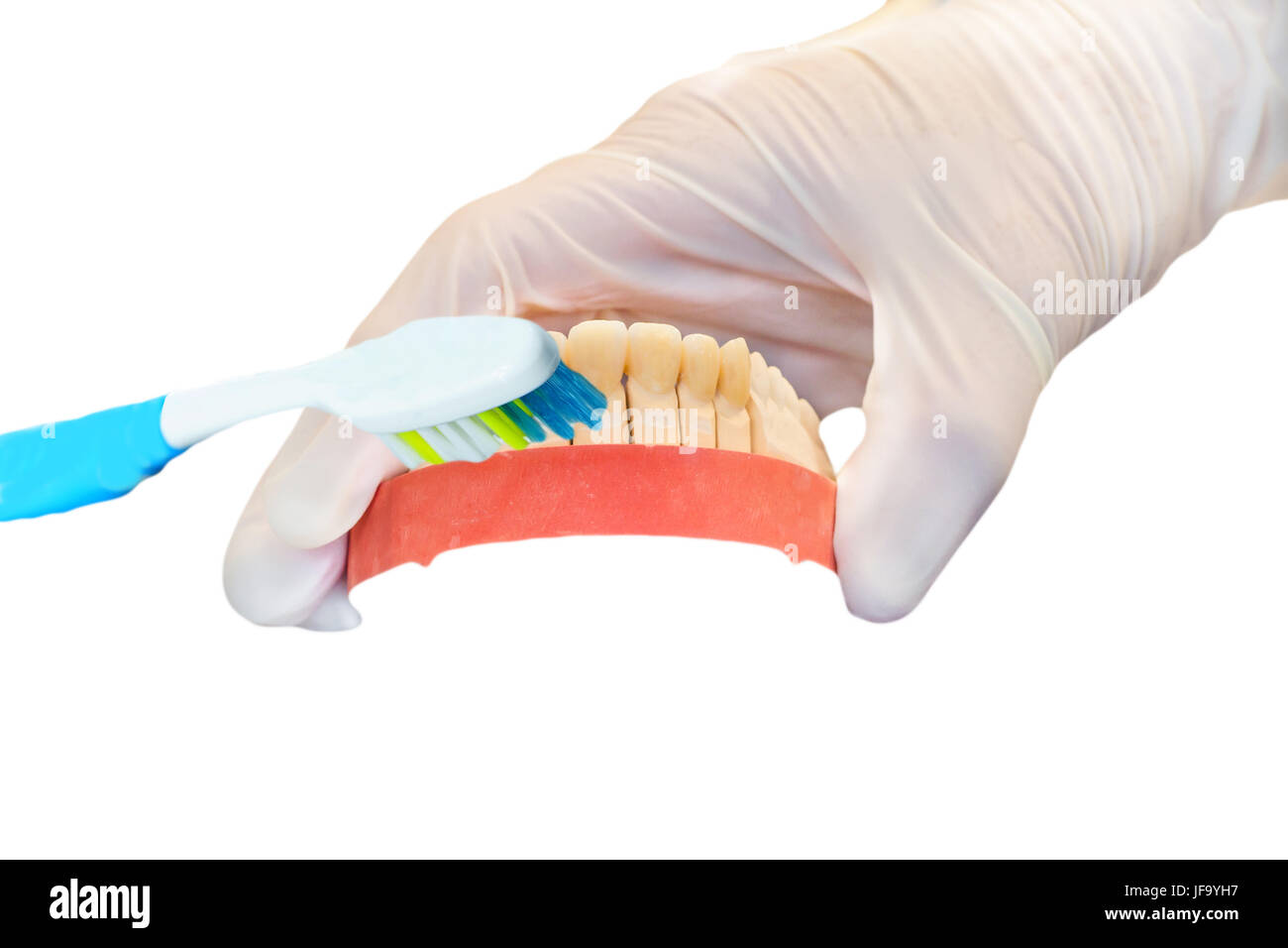 Prótesis dentales, prótesis y cepillo de dientes Foto de stock