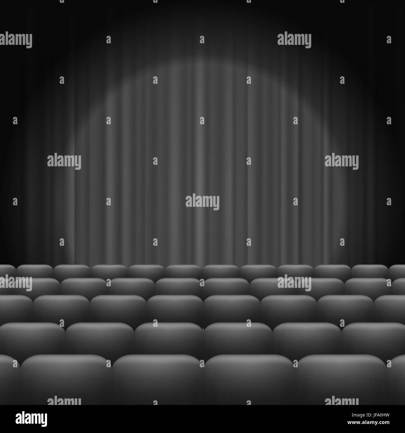 Cortinas de color gris con Spotlight y asientos. Cine Clásico con sillas grises Ilustración del Vector