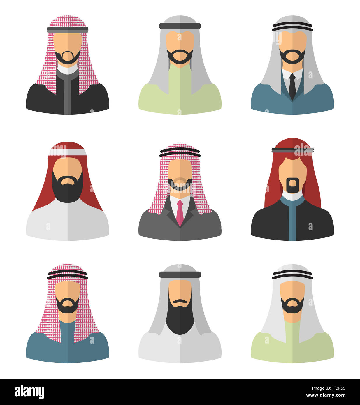 Ilustración conjunto árabe hombres, jefes y velo, retratos, trajes  tradicionales en los países árabes, planas iconos Fotografía de stock -  Alamy