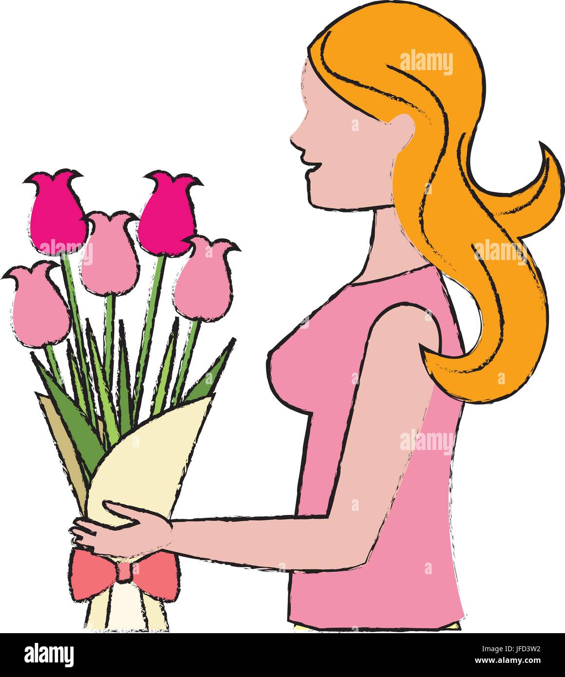 Interactuar Envolver Sermón Mujer con ramo de flores de dibujos animados Imagen Vector de stock - Alamy