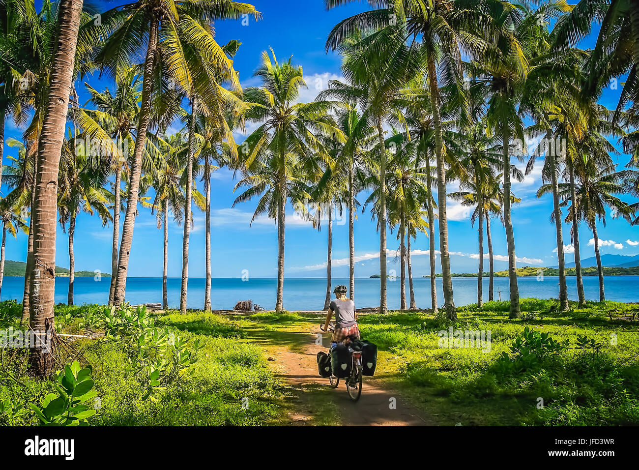 Ciclista solitario viajando a través de la Jungla de Indonesia en la isla  de Sumbawa, en Indonesia, en Asia Fotografía de stock - Alamy