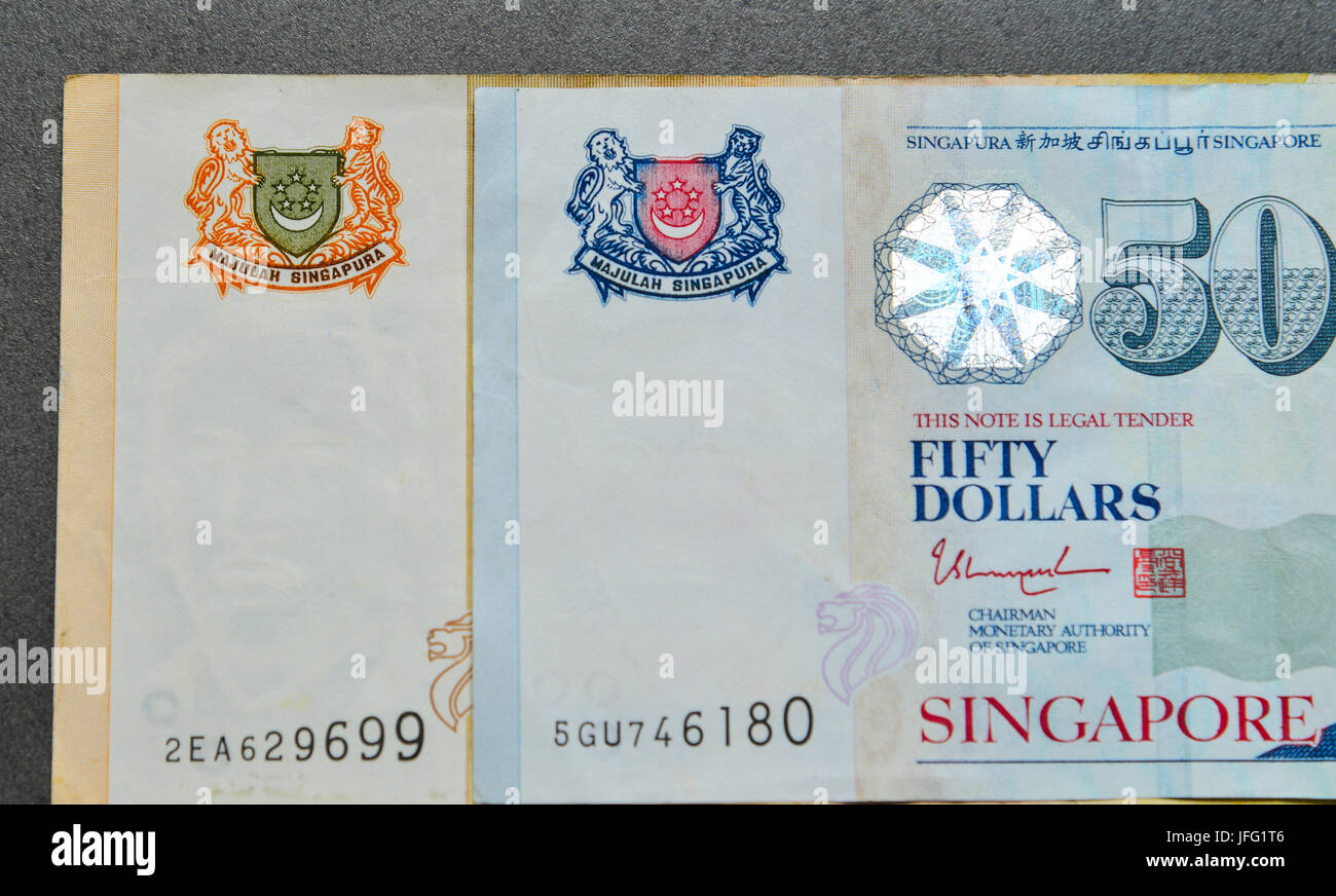 Detalles de billetes de Singapur (SGD) 50-100. Singapur tiene un éxito