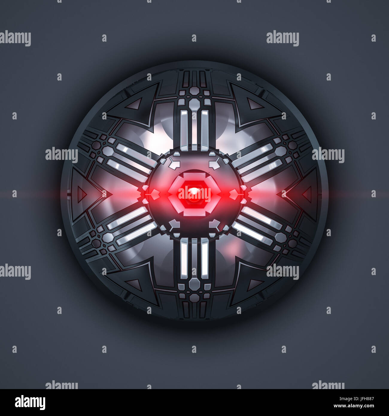 Un robot ojo con el rayo de luz roja Foto de stock