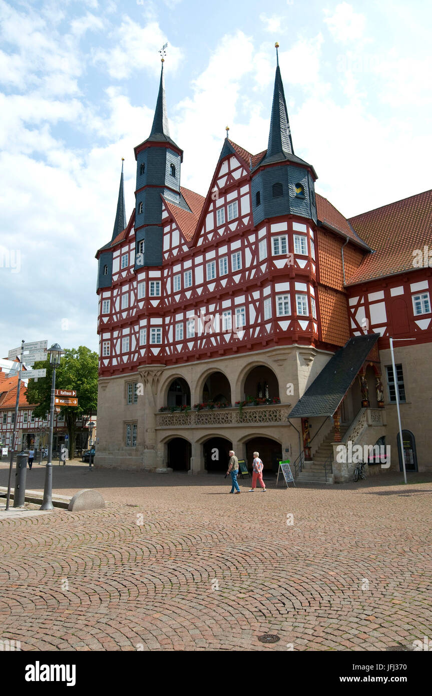 Alemania, Baja Sajonia, Duderstadt, mercado, ayuntamiento de 14./15. Jhd. con entramado de madera, Foto de stock