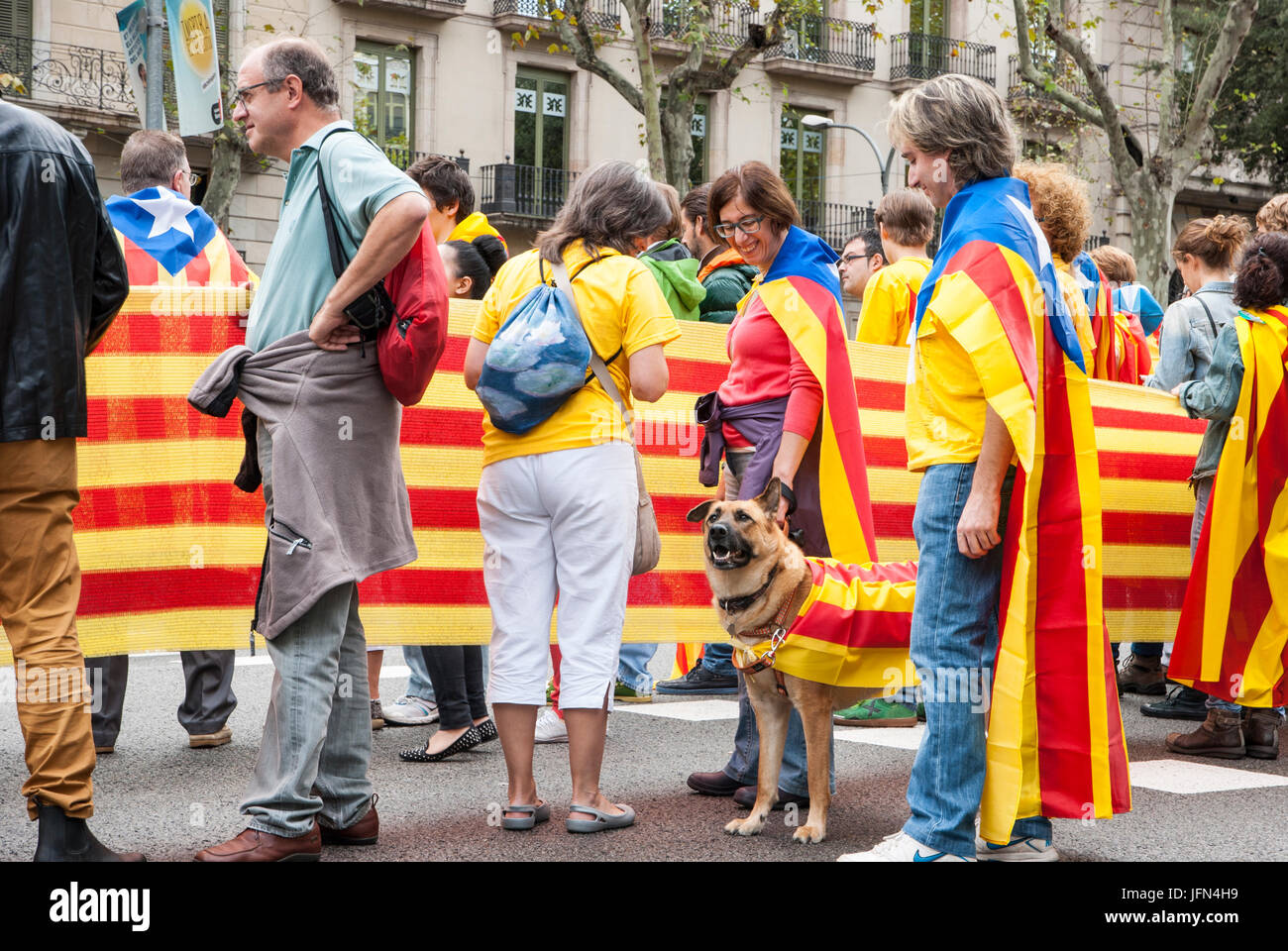 BARCELONA, España - 11 DE SEPTIEMBRE: personas y perro de unirse a la cadena  humana 'Camino' catalán que atraviesa toda Cataluña, manifestación  silenciosa independiente para la CAT Fotografía de stock - Alamy