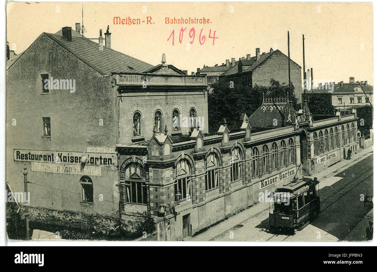 10964-Meißen-1909-Bahnhofstraße, Restaurante Kaisergarten, Straßenbahn-Brück & Sohn Kunstverlag Foto de stock