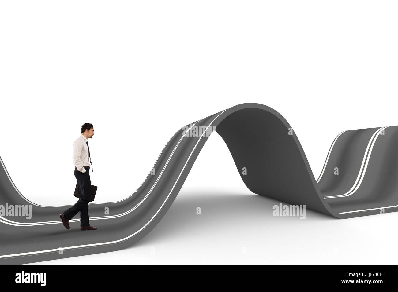 El empresario listo para arrancar en un camino complicado. Concepto de desafío Foto de stock