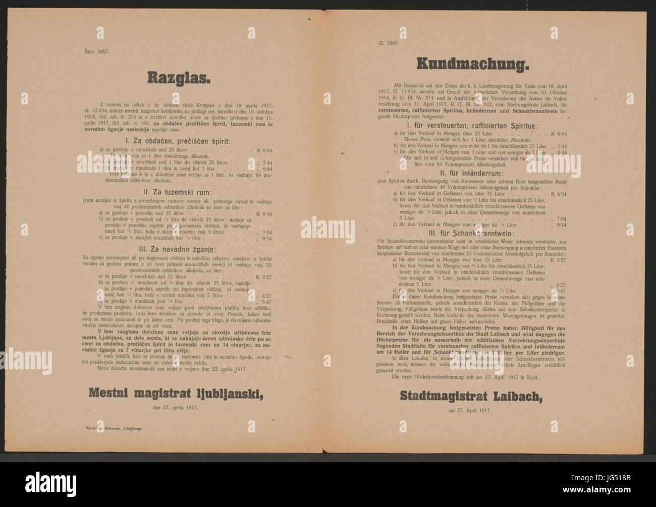 Preise für Alkohol - Kundmachung Mehrsprachiges Plakat - Laibach - 1917 Foto de stock