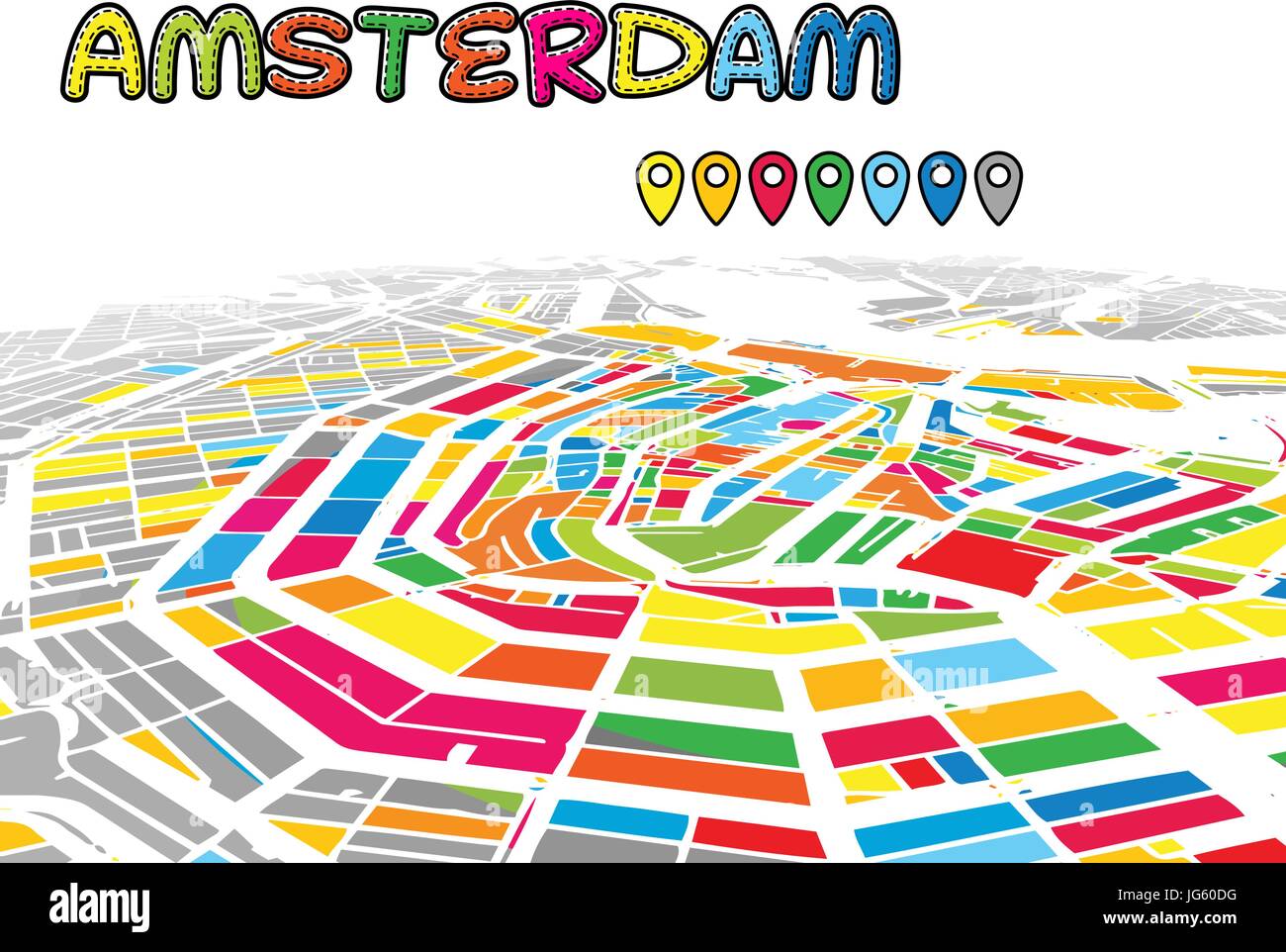 Amsterdam, Países Bajos, el Centro de vector 3D Mapa de famosas calles. Primer plano lleno de colores brillantes. Calles blancas, vías navegables y fondo gris areal Ilustración del Vector