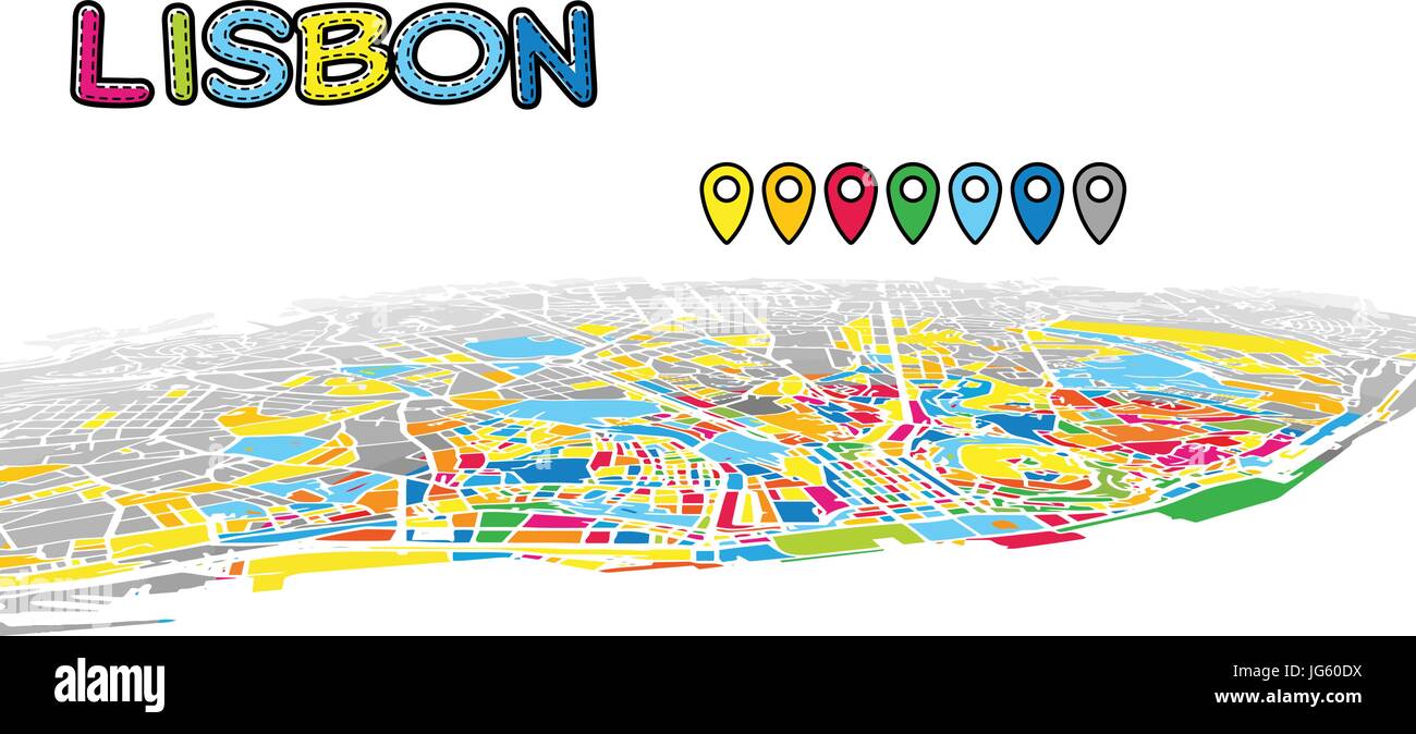 Lisboa, Portugal, en el centro del mapa de vectores 3D famosas calles. Primer plano lleno de colores brillantes. Calles blancas, vías navegables y fondo gris areal. Pentecostés Ilustración del Vector