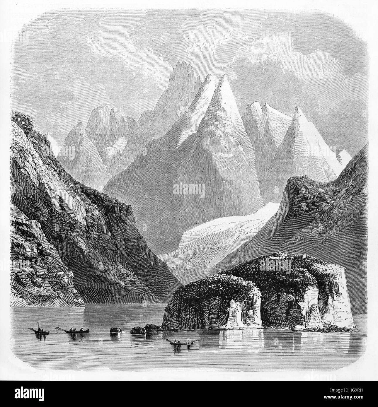 Diferentes planos de perspectiva de las altas montañas y rocas en el primer plano del agua en la Tierra del Fuego, Chile. Arte de estilo grabado por de Bérard, 1861 Foto de stock