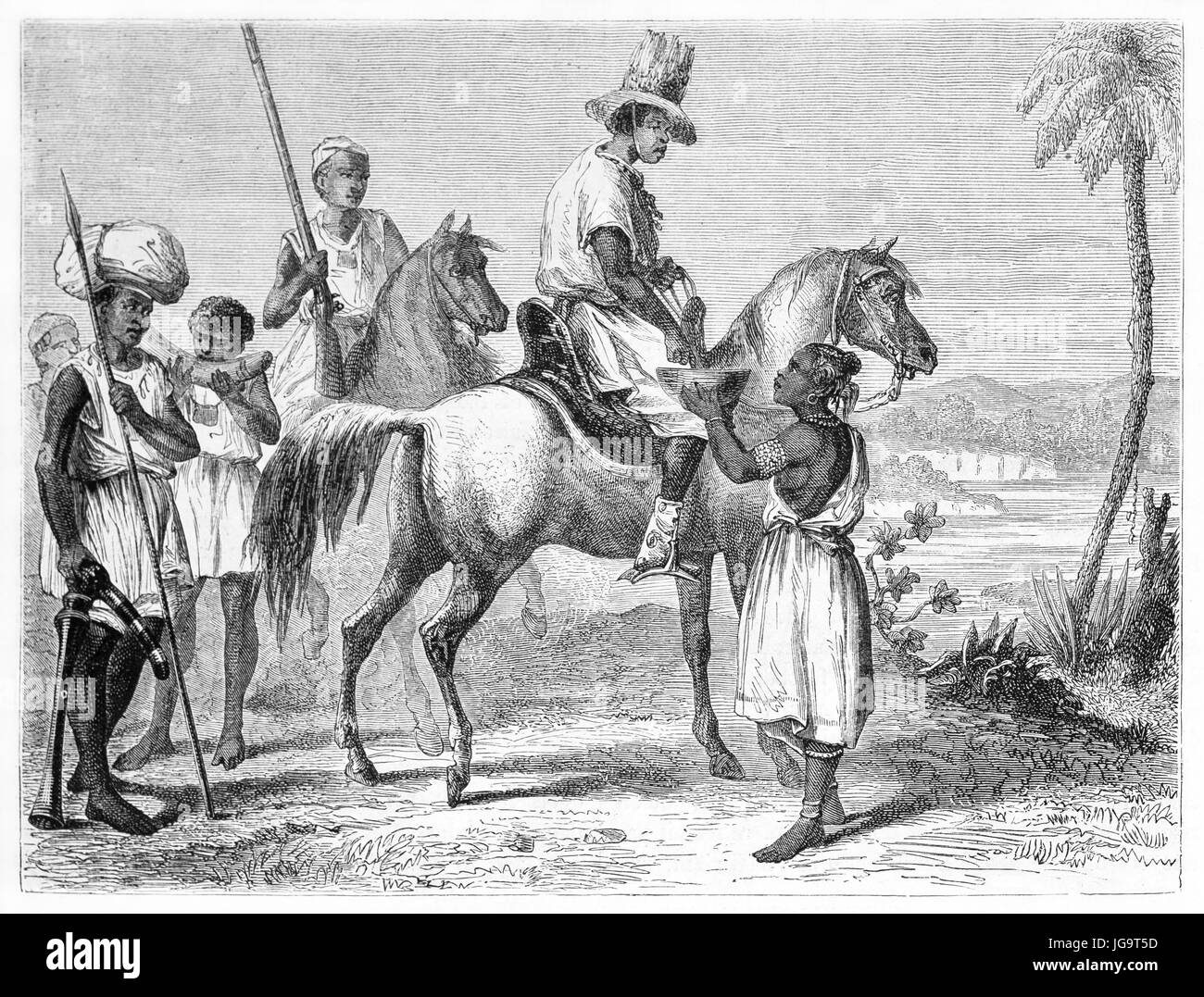 la mujer senegalesa da objetos artesanales a los hombres a caballo en el desierto africano. Antiguo arte de estilo grabado en tonos grises de Pelcoq, publicado en 1861 Foto de stock