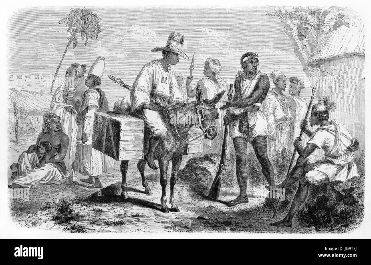 Grupo de negro Senegal Fula y Wolof armados y a caballo al aire libre en el pueblo. Antiguo tono gris grabado estilo arte por Duvaux después de Raffenel 1861 Foto de stock