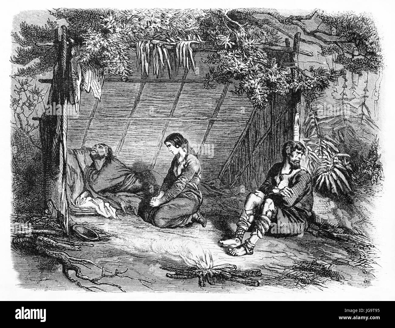 mujer pobre que ayuda al enfermo que sufre bajo un refugio en el bosque. Antiguo arte de estilo grabado en tonos grises de Castelli, publicado en le Tour du Monde 1861 Foto de stock