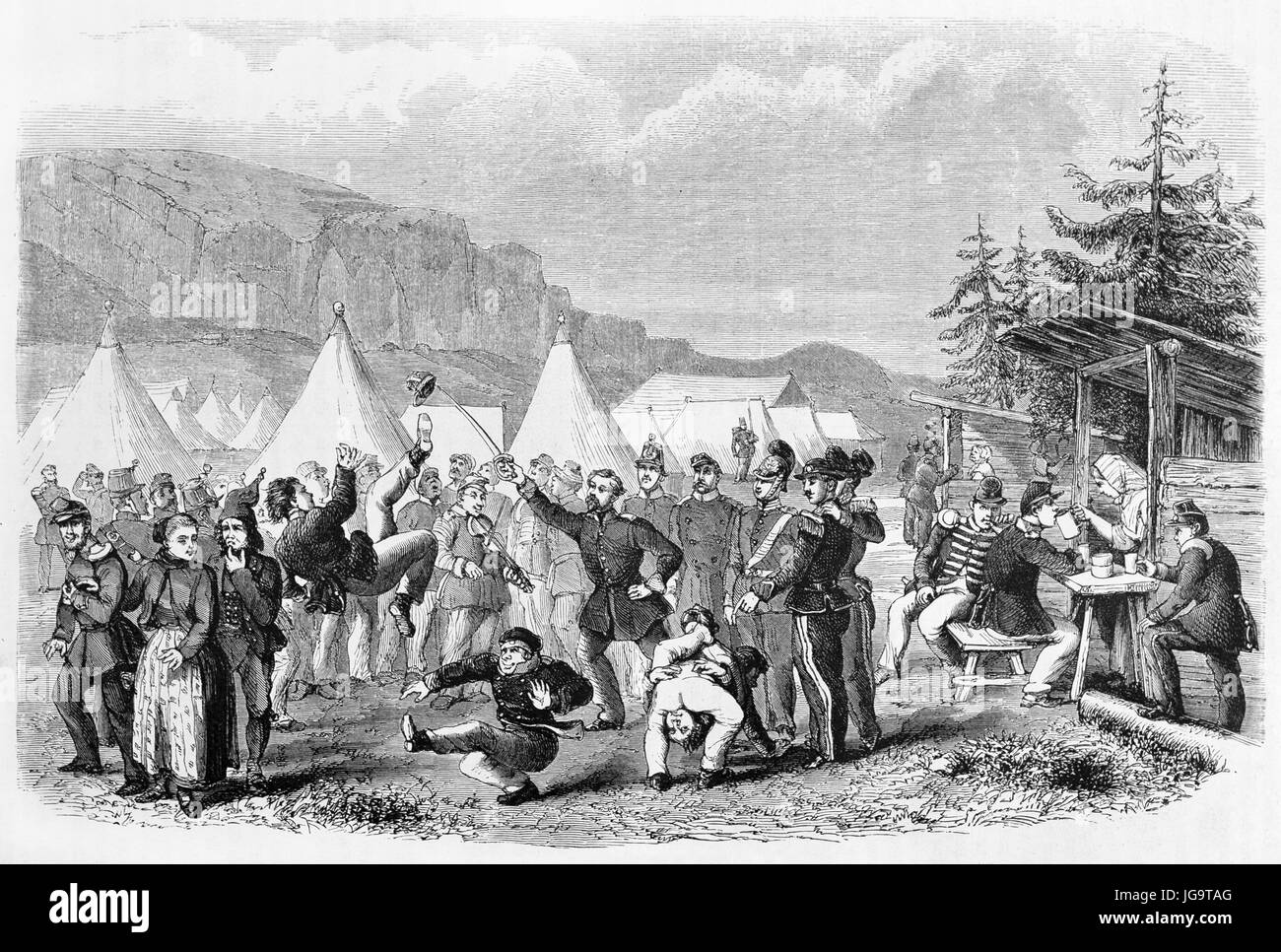 Diversión de entretenimiento baile de grupo de soldados noruegos al aire libre en el campamento militar de Sjordalen. Antiguo color gris grabado estilo arte por Saint-Blaise, 1861 Foto de stock