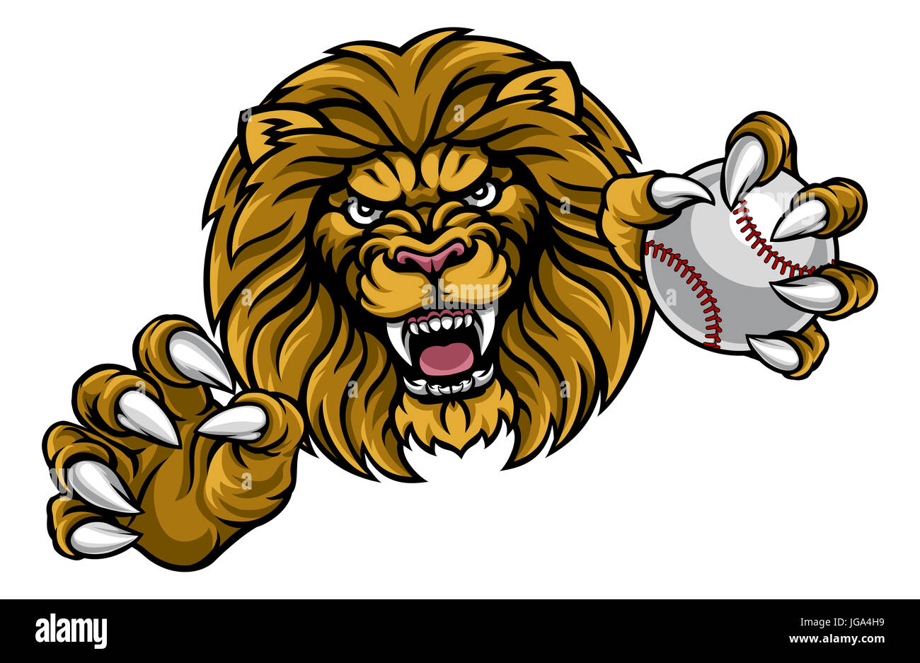 Un león enojado animal mascota deportiva sosteniendo una pelota de béisbol Foto de stock