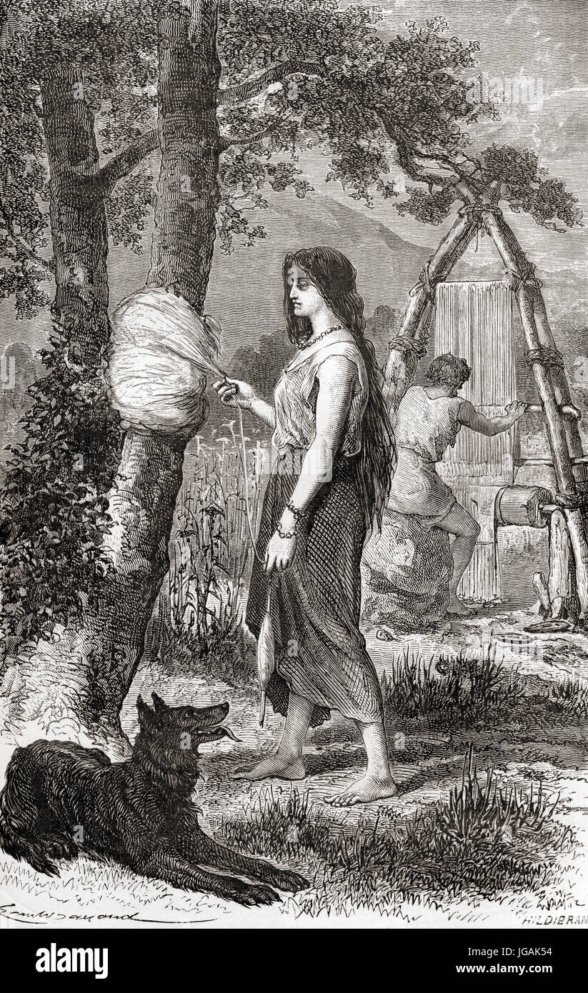 Una mujer tejiendo durante la Edad de Bronce. A partir de l'Homme Primitif, publicado el 1870. Foto de stock