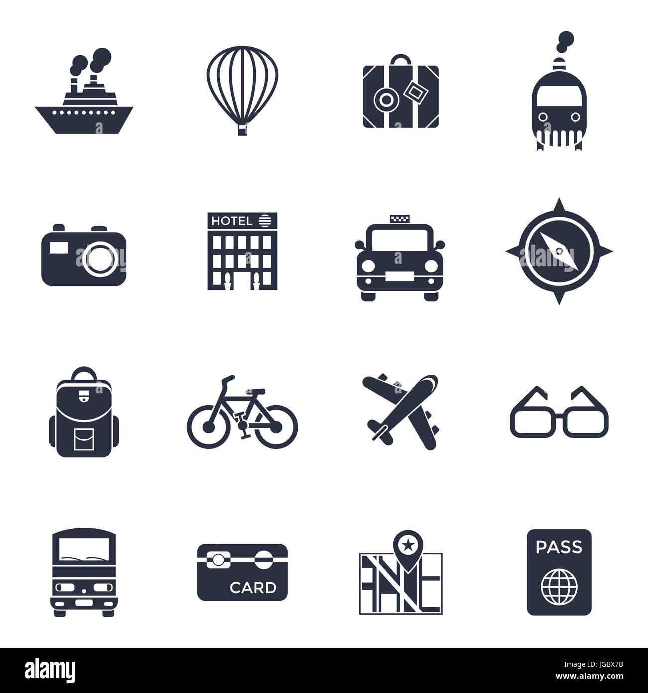 Iconos de viaje negro vectorial Digital set dibujado con línea simple arte gráfico info poster promo, Barco Barco globo cámara brújula equipaje avion mapa glo Ilustración del Vector