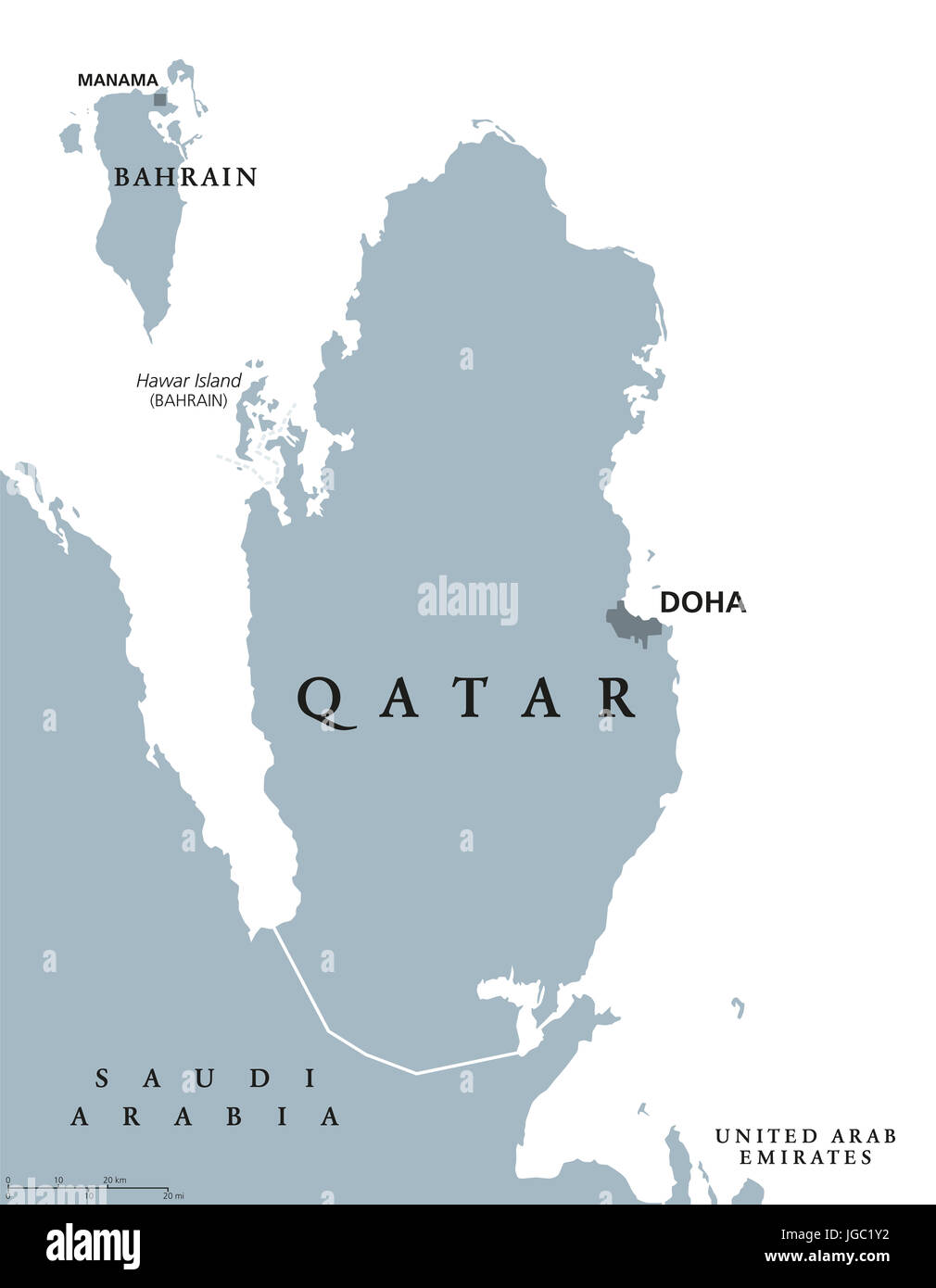 Qatar mapa político con capital de Doha. Estado y país soberano en Asia occidental en la costa noreste de la Península Arábiga. Ilustración de color gris. Foto de stock
