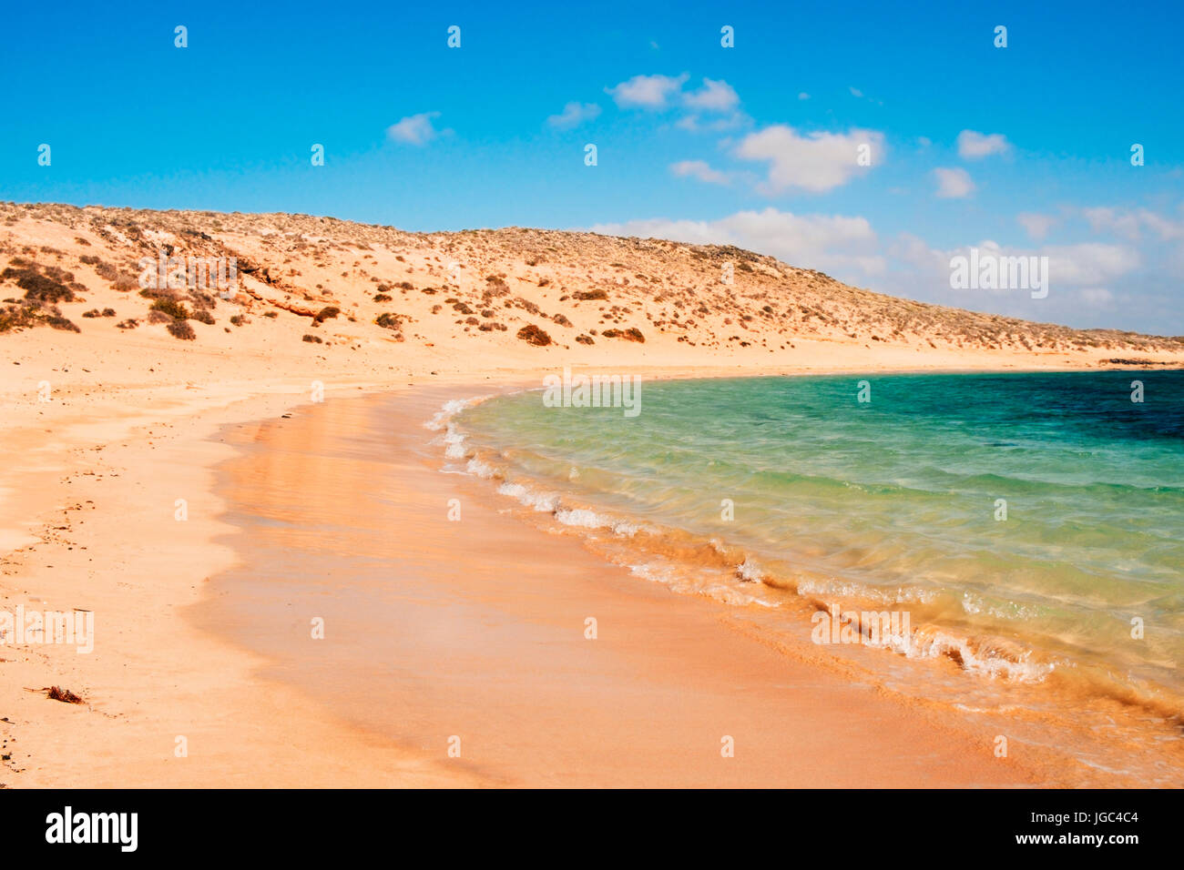 Una vista de la arena blanca y el agua cristalina de la Francesa de playa en la isla de La Graciosa, en las Islas Canarias, España Foto de stock