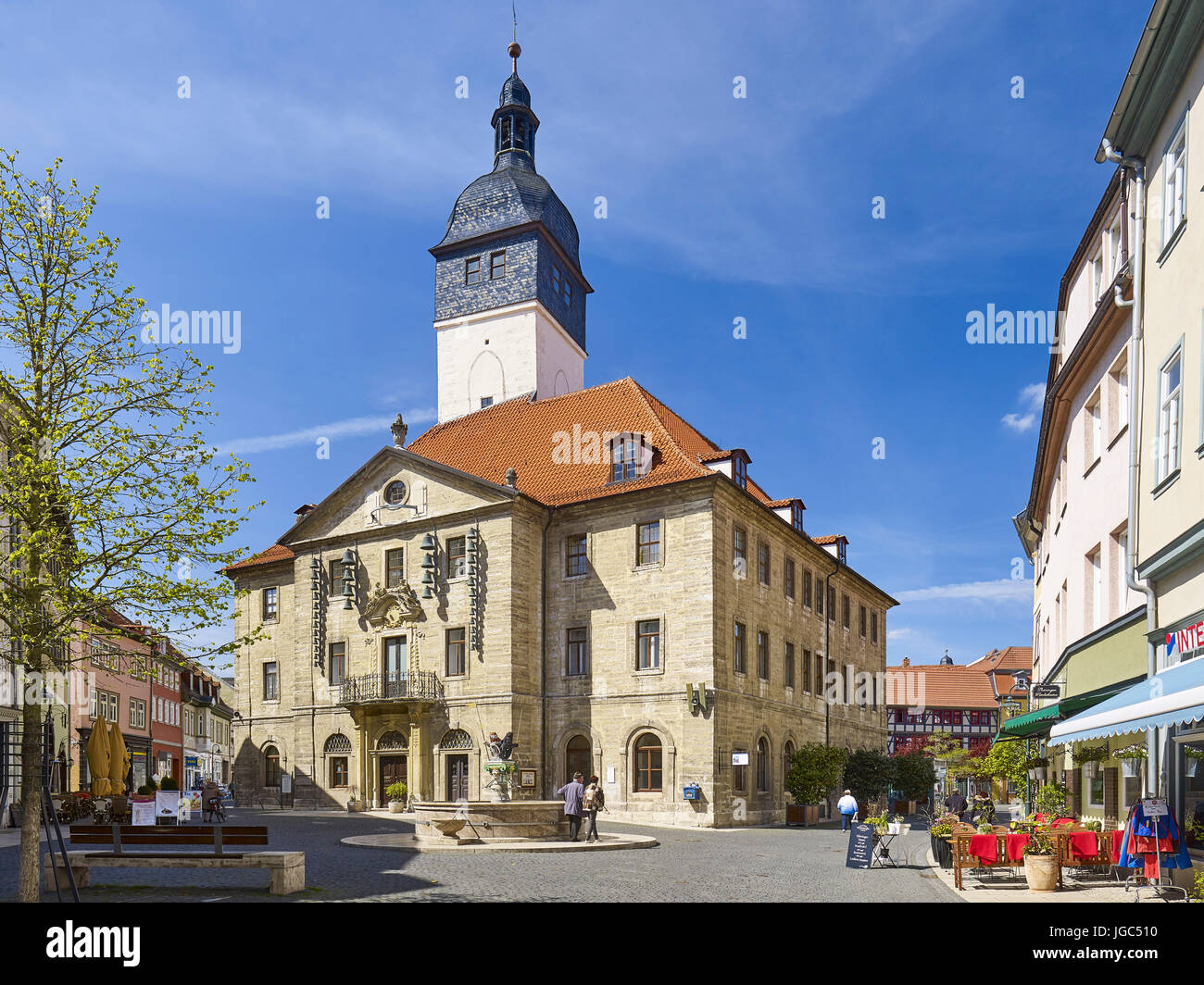 Ayuntamiento con Marktstrasse, Bad Langensalza, Turingia, Alemania Foto de stock