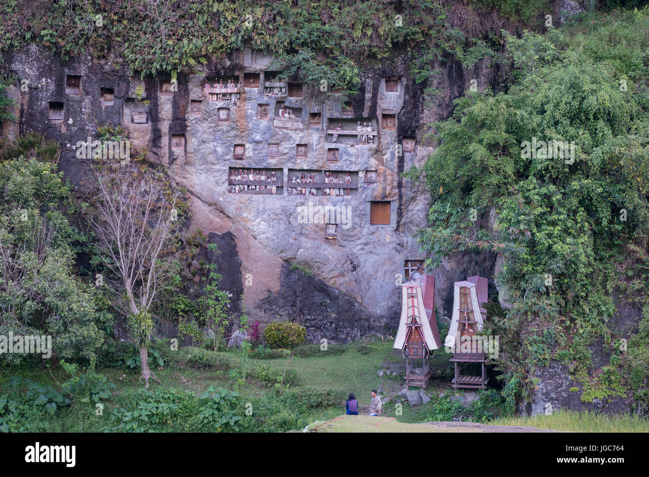 Cliff Torajan entierro efigie figuras (tau tau) Tana Toraja de Sulawesi, Indonesia Foto de stock