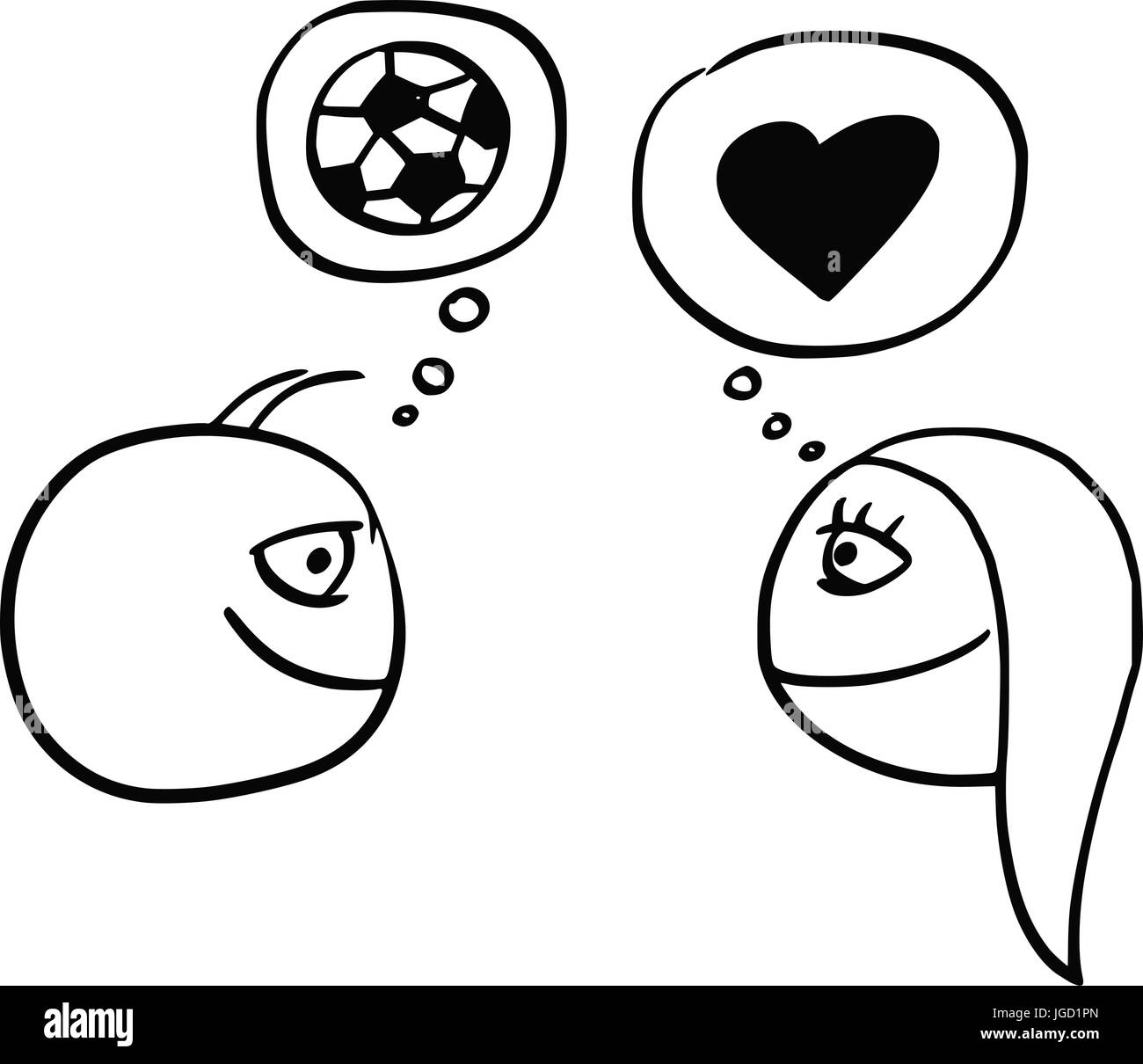 Vector de dibujos animados de la diferencia entre el hombre y la mujer, pensando en el fútbol balón de fútbol y corazón, símbolo del amor y la relación Ilustración del Vector