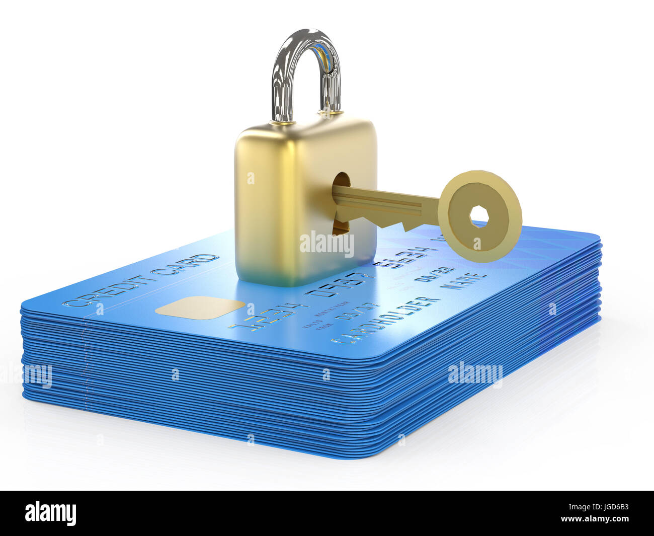 Concepto de cifrado de datos de tarjetas de crédito con 3D rendering tarjetas de crédito con candado y llave Foto de stock
