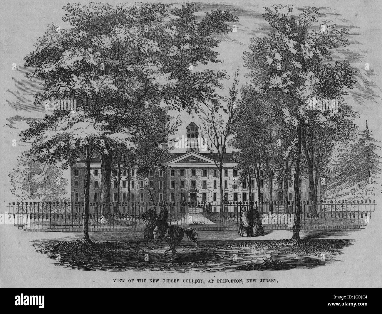 Grabado de Nassau Hall en el College de Nueva Jersey, que posteriormente se  cambió el nombre de la Universidad de Princeton, en Princeton, Nueva Jersey,  1849. Desde la Biblioteca Pública de Nueva