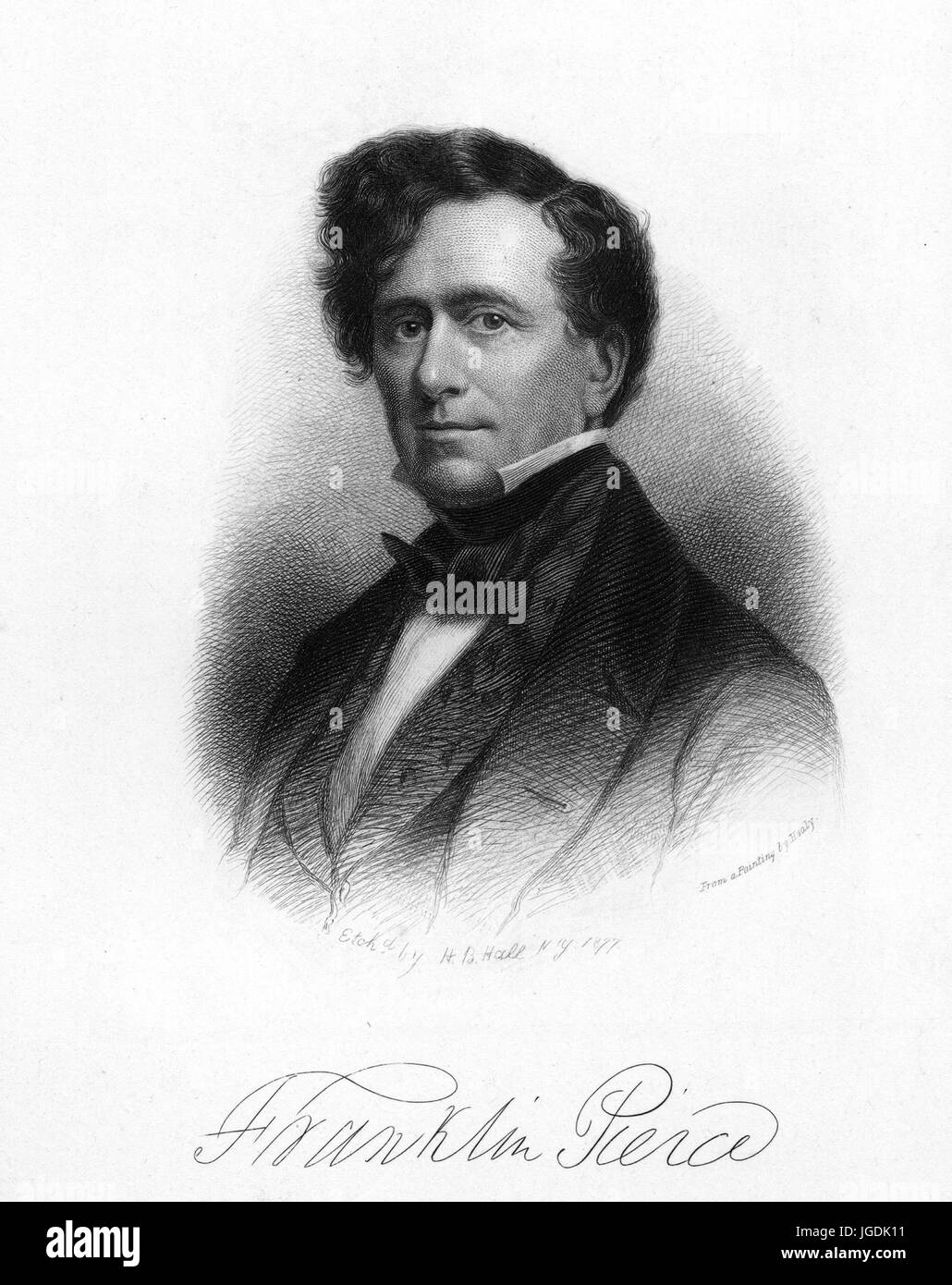 Retrato grabado de Franklin Pierce, 14º Presidente de los Estados Unidos cuyas acciones exacerbaron las condiciones que conducen a la Guerra Civil Americana, 1834. Desde la Biblioteca Pública de Nueva York. Foto de stock