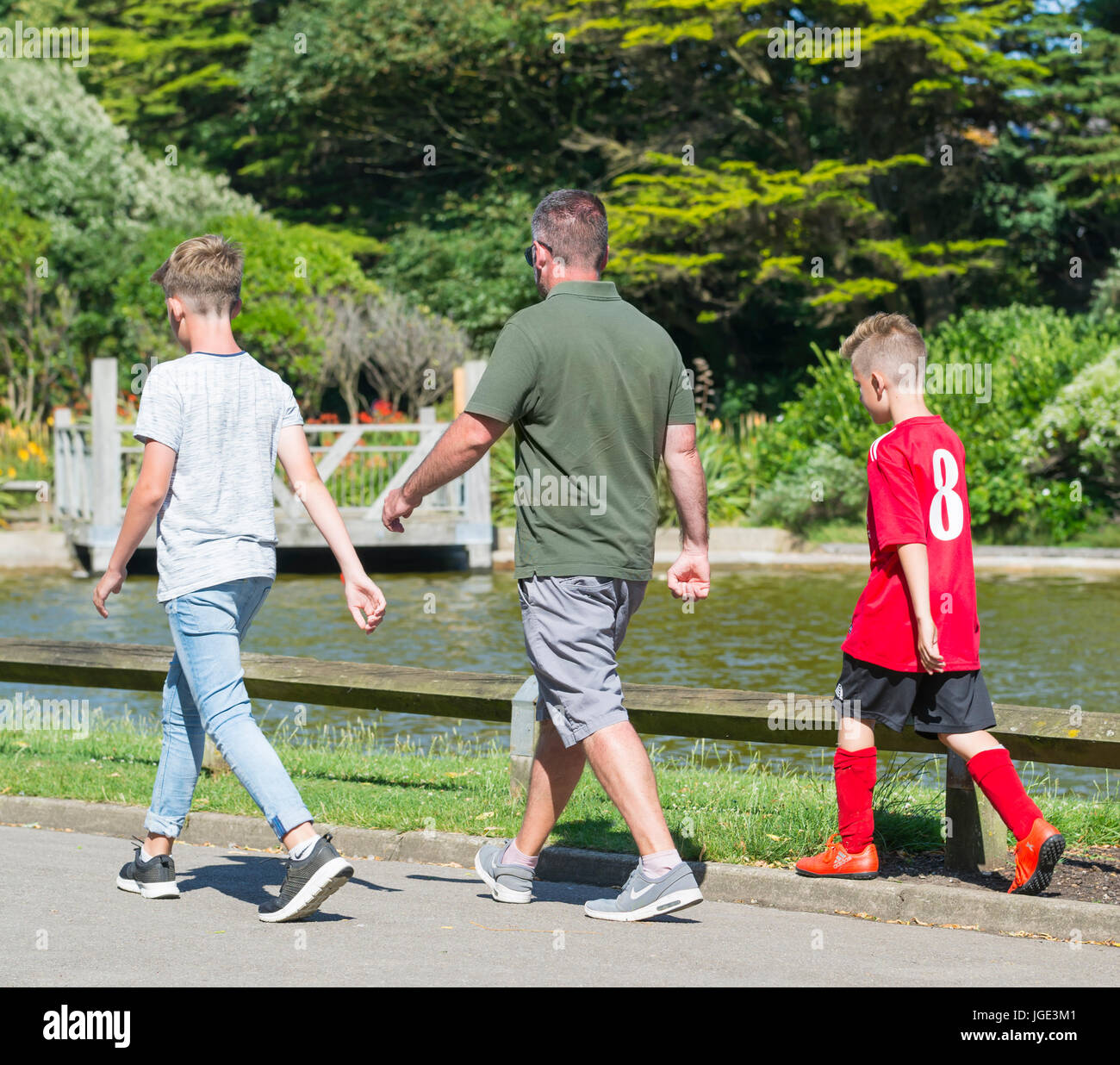 Padre e hijos caminando juntos a través de un parque en un cálido día de verano. Foto de stock