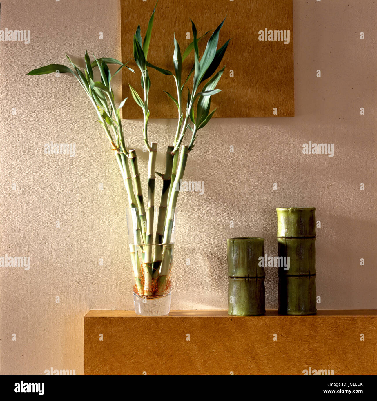 Los floreros de bambú y bambú en jarrón de cristal mantlepiece moderna  Fotografía de stock - Alamy