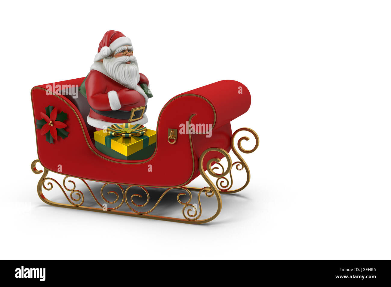 En un hermoso color rojo el trineo de Santa Claus con caja de regalos.  Presentada sobre un fondo blanco. Ilustración 3D Fotografía de stock - Alamy