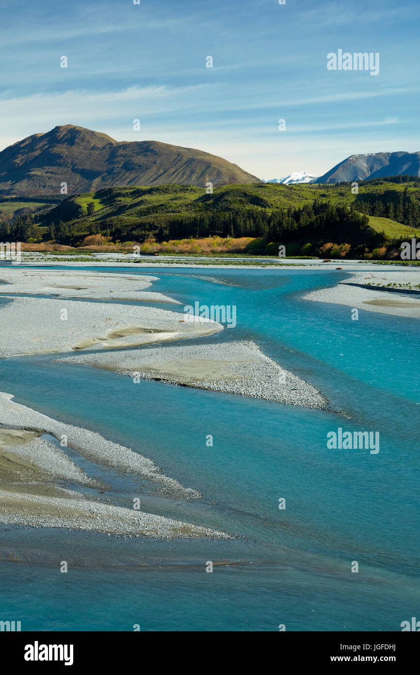 Los arroyos del trenzado Rakaia River, Canterbury, Isla del Sur, Nueva Zelanda Foto de stock