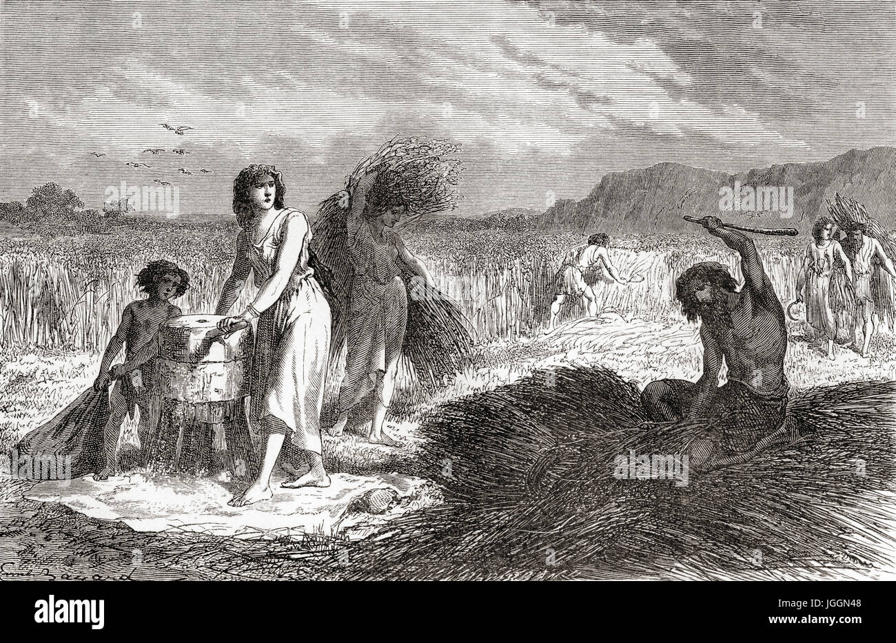 La agricultura durante la Edad del Hierro. A partir de l'Homme Primitif, publicado el 1870. Foto de stock