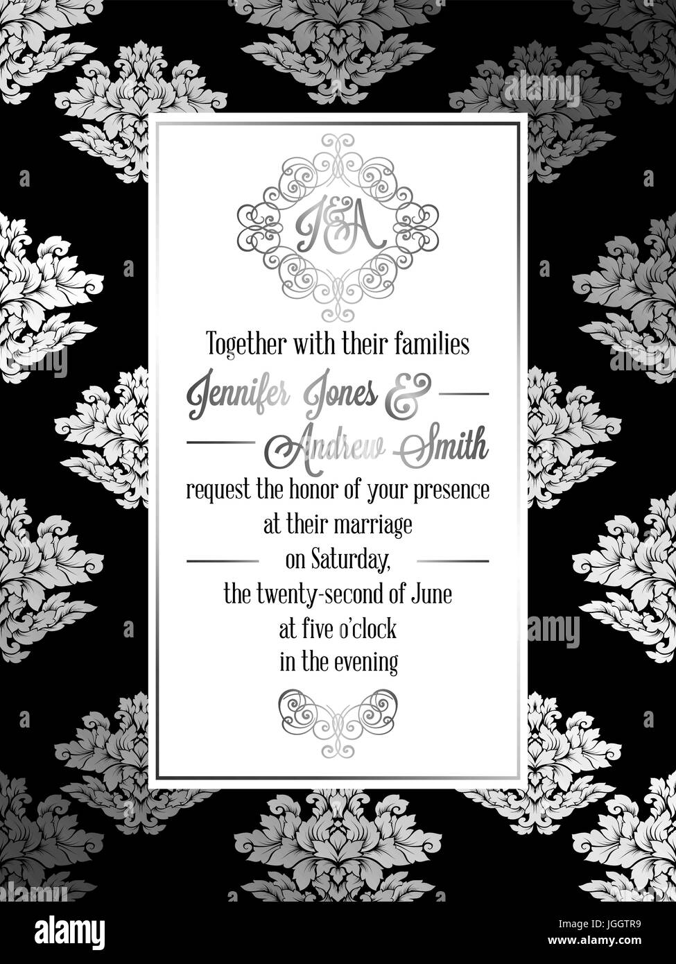 Vintage estilo barroco Plantilla de tarjeta de invitación de la boda. Elegante diseño formal con fondo de Damasco, decoración tradicional para bodas de plata , dec Ilustración del Vector