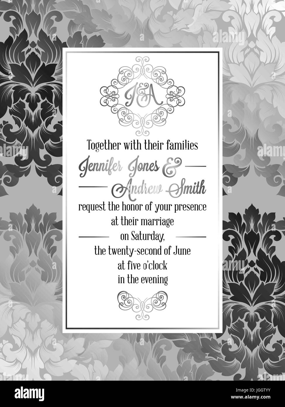 Vintage estilo barroco Plantilla de tarjeta de invitación de la boda.  Elegante diseño formal con fondo de Damasco, decoración tradicional para  bodas de plata , dec Imagen Vector de stock - Alamy