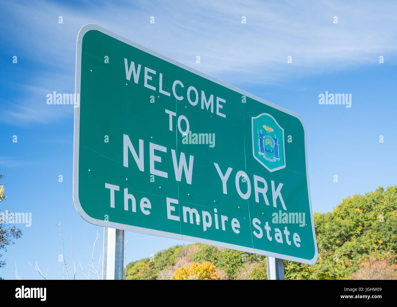 Señal en Carretera - Bienvenido a Nueva York el Empire State Foto de stock