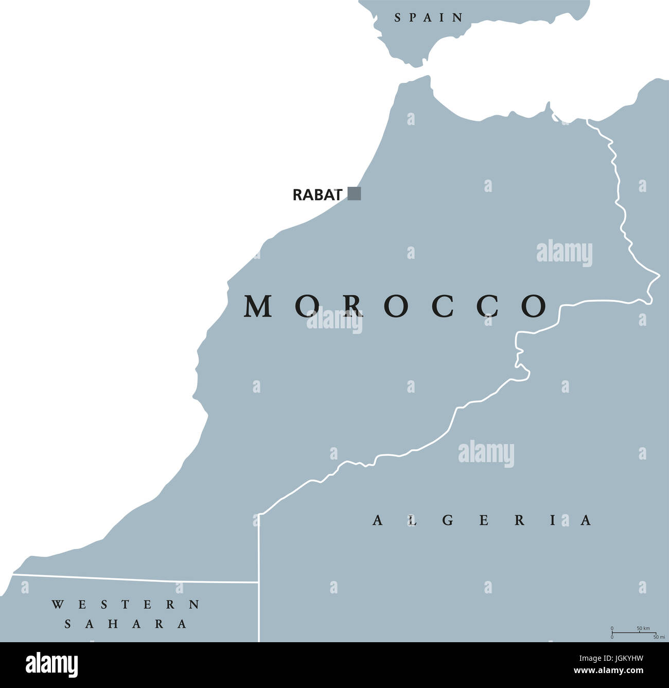 Marruecos mapa político con capital Rabat y fronteras. Reino y país árabe en la región del Magreb en el norte de África. Ilustración de color gris. Foto de stock