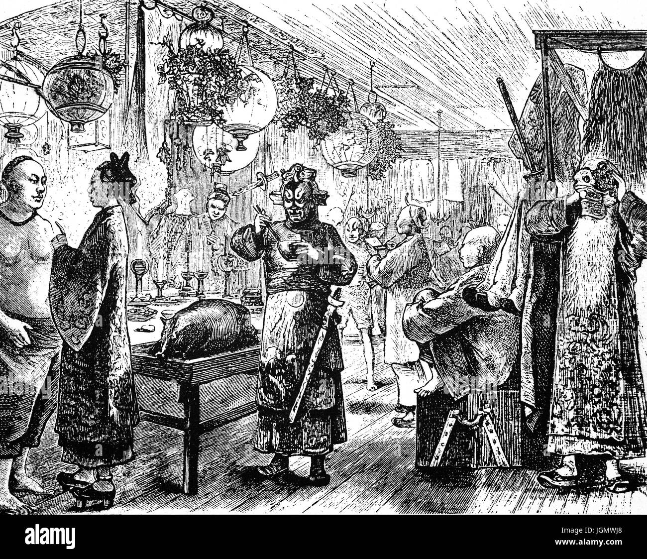 1879: El elenco y los jugadores comer tarde en la noche, cena en el Teatro Chino, China Town, San Francisco, California, Estados Unidos de América Foto de stock