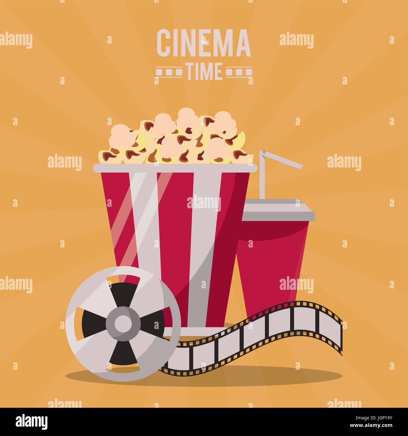 Colorido cartel de cine con palomitas y bebida y paquete de carrete de  película Imagen Vector de stock - Alamy