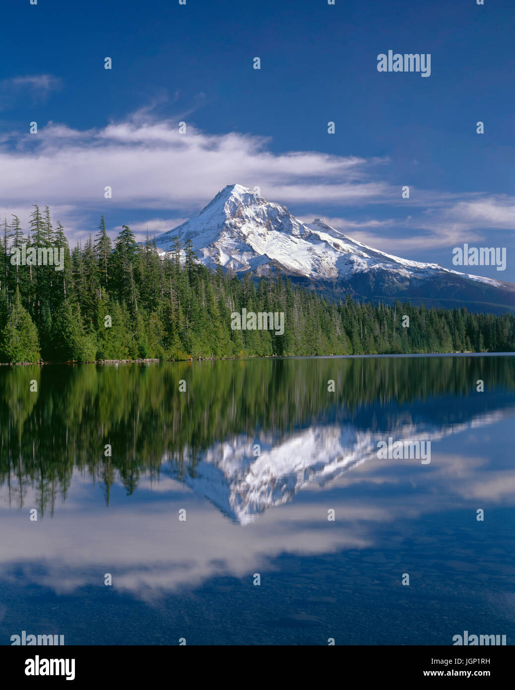 Ee.Uu., Oregon; Bosque Nacional de Monte Hood; lado noroeste del monte Hood y bosque de coníferas reflejan en calma superficie de Lost Lake. Foto de stock