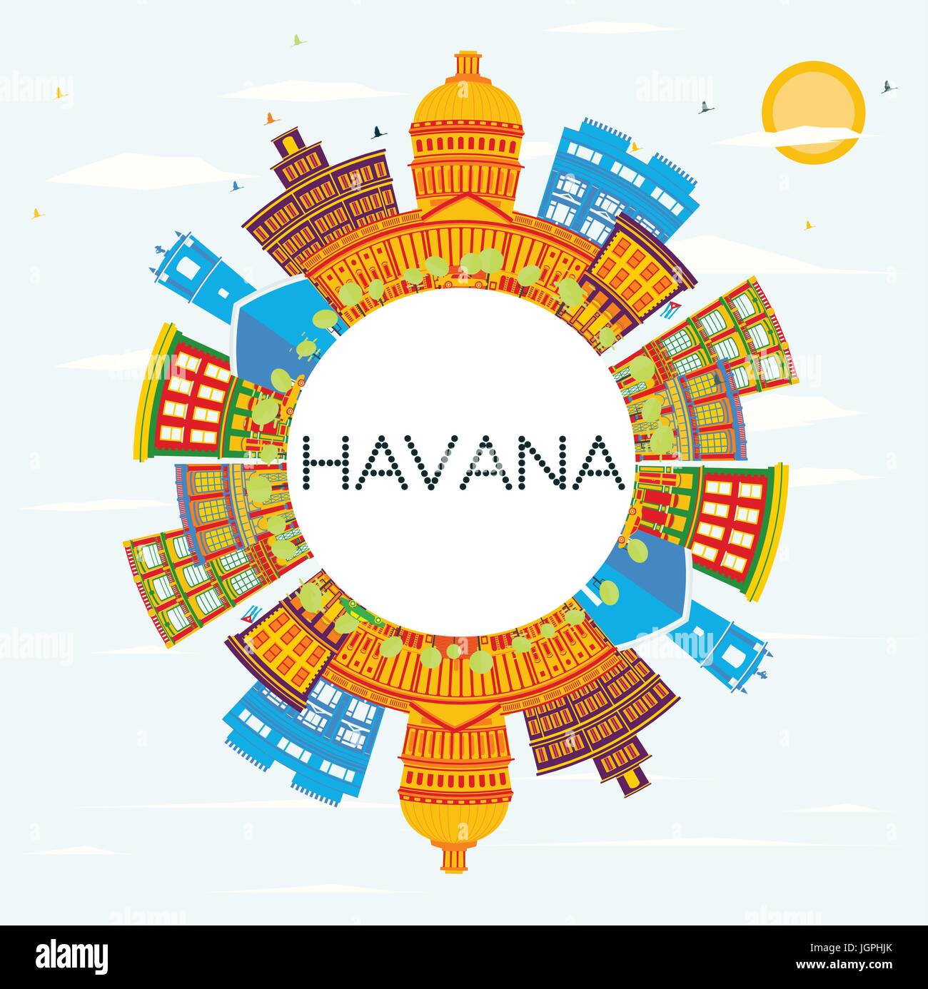 La Habana skyline con edificios de color, cielo azul y copie el espacio. ilustración vectorial. Viajes de negocios y turismo concepto con la arquitectura histórica. Ilustración del Vector