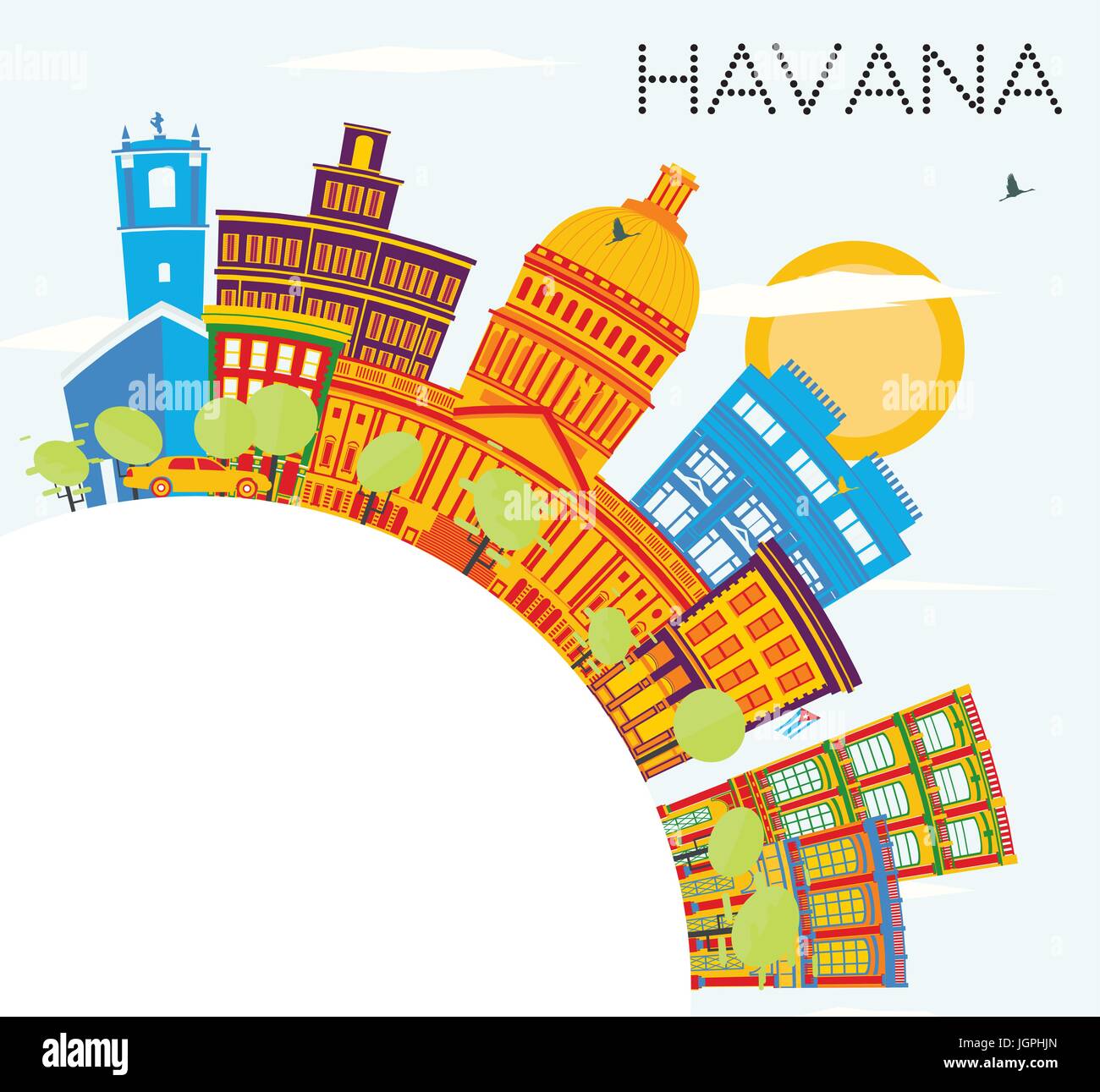 La Habana skyline con edificios de color, cielo azul y copie el espacio. ilustración vectorial. Viajes de negocios y turismo concepto con la arquitectura histórica. Ilustración del Vector