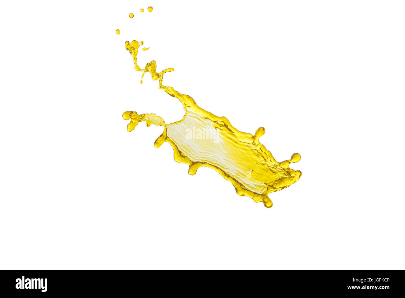 Salpicaduras de líquido amarillo hermoso aislado sobre fondo blanco y muchas gotas Foto de stock