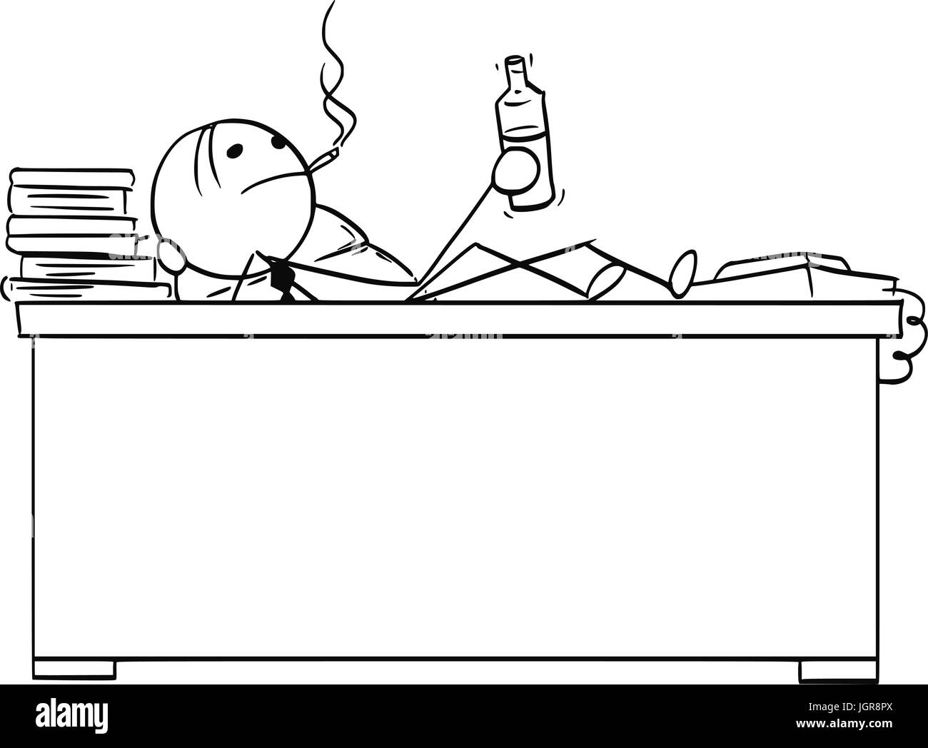 Cartoon stick man stickman dibujo vectorial del empresario boss oficinista sentado detrás de su escritorio con las piernas sobre la mesa, fumar cigarros y con bo Ilustración del Vector