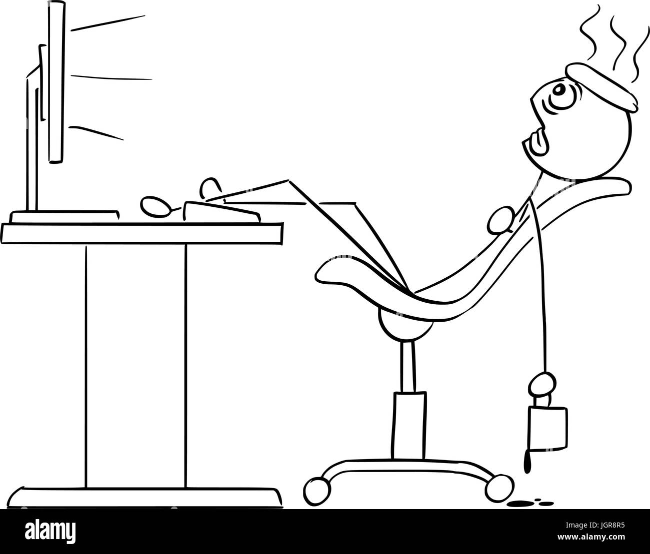 Cartoon vector stick man stickman dibujo de hombre sentado agotado cansado delante del ordenador con las piernas sobre el escritorio de refrigeración con hielo y su cabeza Ilustración del Vector